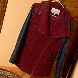 Wool blend asymmetrical zip jacket with faux leather sleeves
